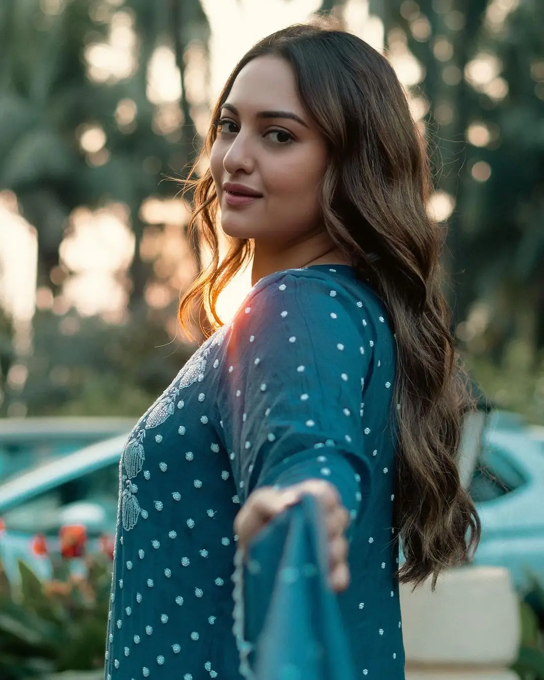 Mumbai Actress Sonakshi Sinha Long Hair Photoshoot in Blue Dress